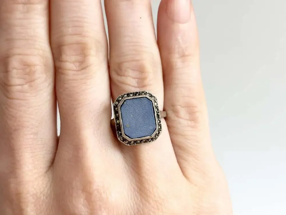 Lapis Lazuli Blue Octagon Shaped Marcasite Framed Gemstone Bezel Set Sterling Si